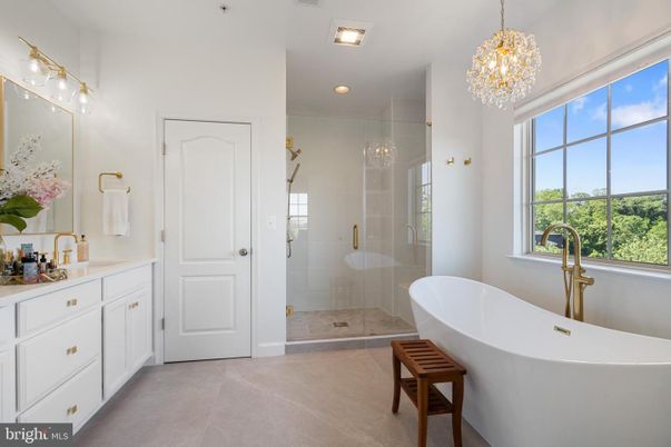 Bathroom, Chandelier, Free Standing Baths, Glass Shower, Interior, Recessed Lighting