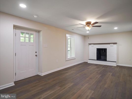 Empty room, Fireplace, Interior, Recessed Lighting, Wood Texture Flooring