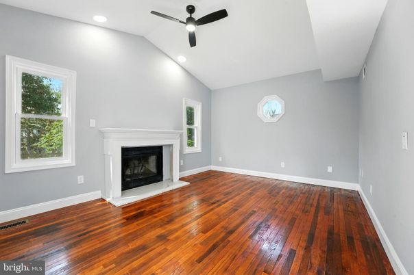 Empty room, Fireplace, Interior, Recessed Lighting, Wood Texture Flooring