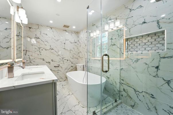 Bathroom, Glass Shower, Interior, Marble, Marble Walls, Recessed Lighting