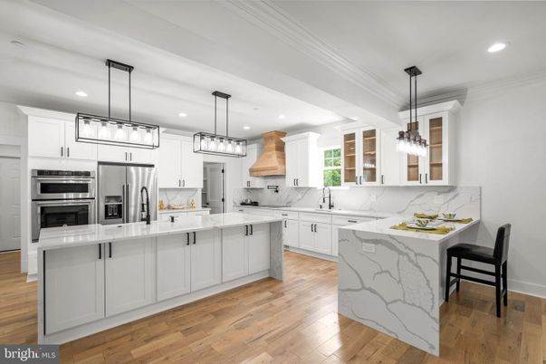 Interior, Kitchen, Marble Walls, Pendant Lights, Recessed Lighting, Stainless Steel Appliances, Wood Texture Flooring