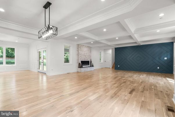 Empty room, Fireplace, Interior, Pendant Lights, Recessed Lighting, Wood Texture Flooring