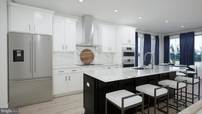 Interior, Kitchen, Marble Walls, Recessed Lighting, Stainless Steel Appliances, Wood Texture Flooring
