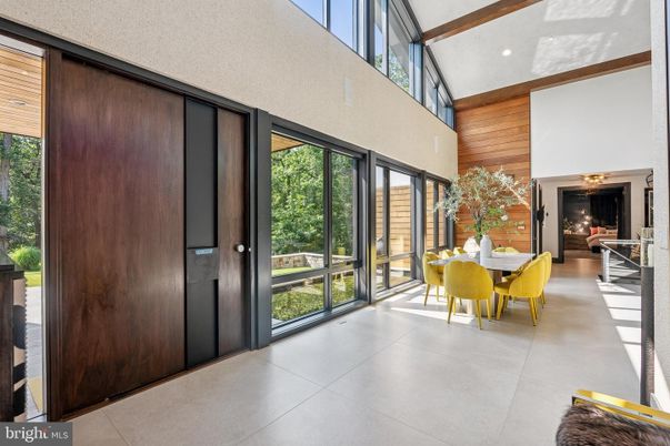 Dining room, Fireplace, Interior, Recessed Lighting, Wooden Walls