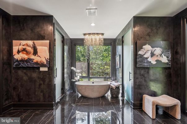 Bathroom, Chandelier, Free Standing Baths, Interior, Marble, Recessed Lighting