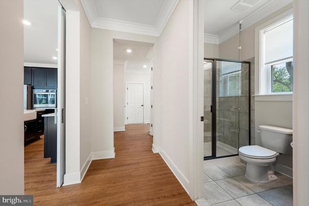 Bathroom, Glass Shower, Interior, Recessed Lighting, Wood Texture Flooring