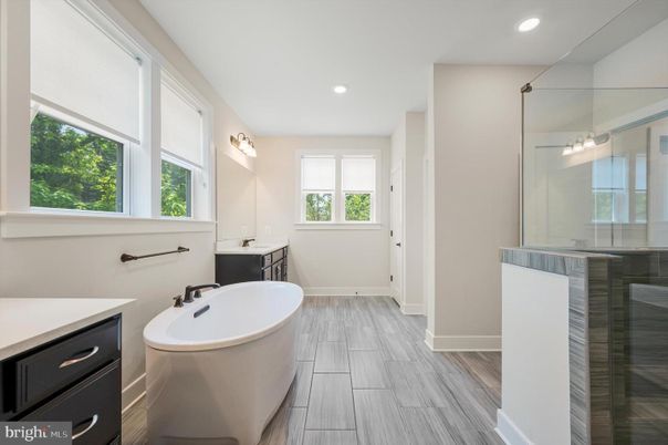 Bathroom, Free Standing Baths, Glass Shower, Interior, Recessed Lighting, Wood Texture Flooring