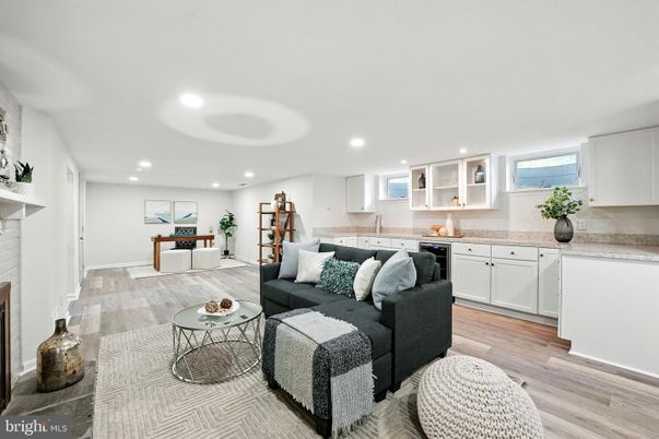 Fireplace, Interior, Kitchen, Living room, Recessed Lighting, Wood Texture Flooring