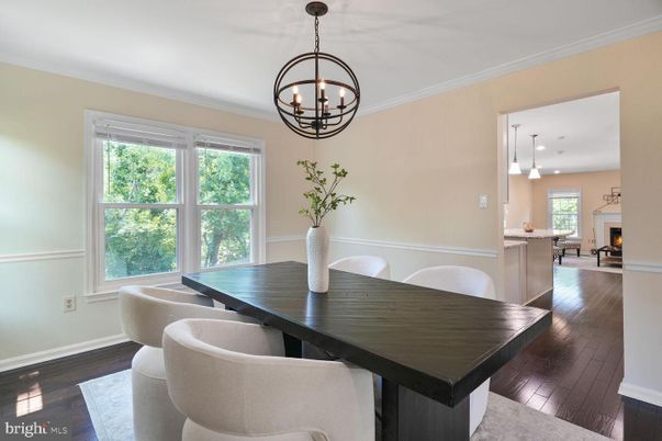 Dining room, Fireplace, Interior, Pendant Lights, Wood Texture Flooring