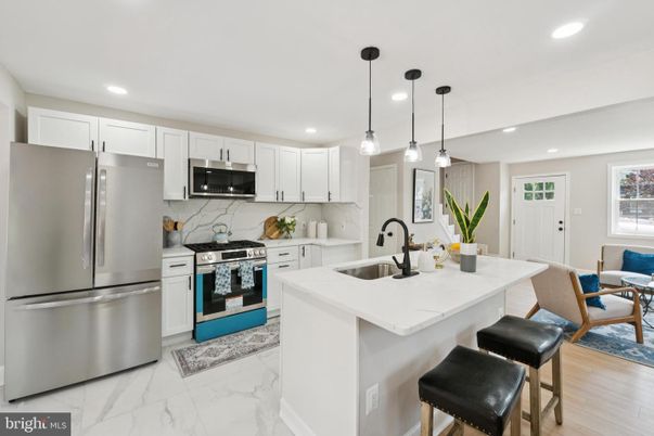 Interior, Kitchen, Marble, Pendant Lights, Recessed Lighting, Stainless Steel Appliances