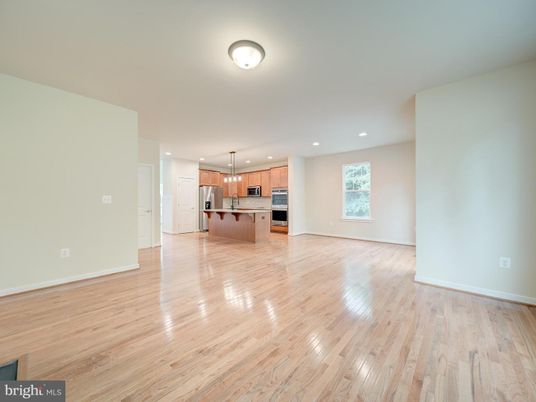 Empty room, Interior, Kitchen, Pendant Lights, Recessed Lighting, Stainless Steel Appliances, Wood Texture Flooring