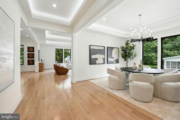 Dining room, Interior, Pendant Lights, Recessed Lighting, Wood Texture Flooring