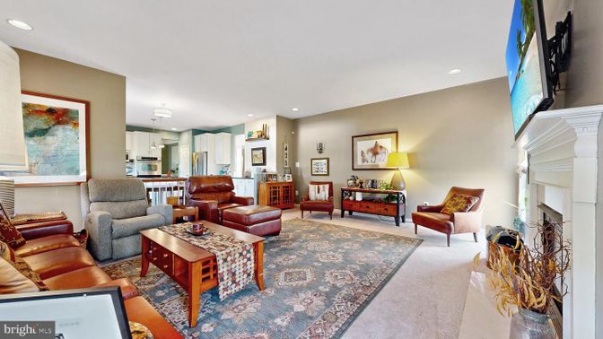 Fireplace, Interior, Kitchen, Living room, Recessed Lighting, Stainless Steel Appliances