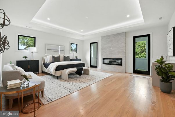 Bedroom, Fireplace, Interior, Recessed Lighting, Wood Texture Flooring