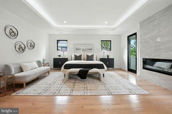 Bedroom, Fireplace, Interior, Recessed Lighting, Wood Texture Flooring