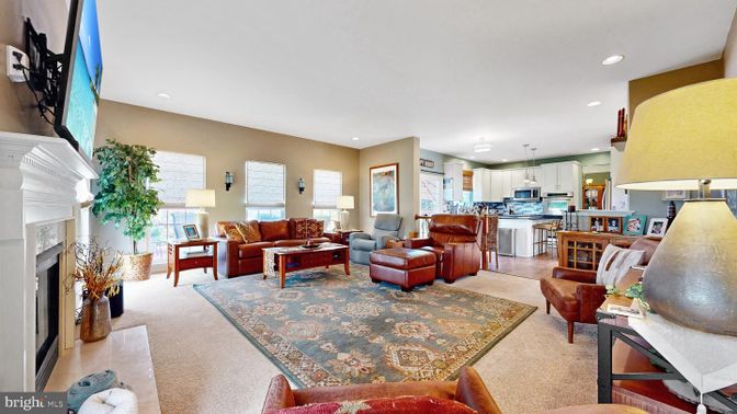 Fireplace, Interior, Kitchen, Living room, Pendant Lights, Recessed Lighting, Stainless Steel Appliances
