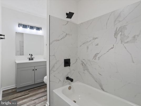 Bathroom, Interior, Marble Walls, Wood Texture Flooring