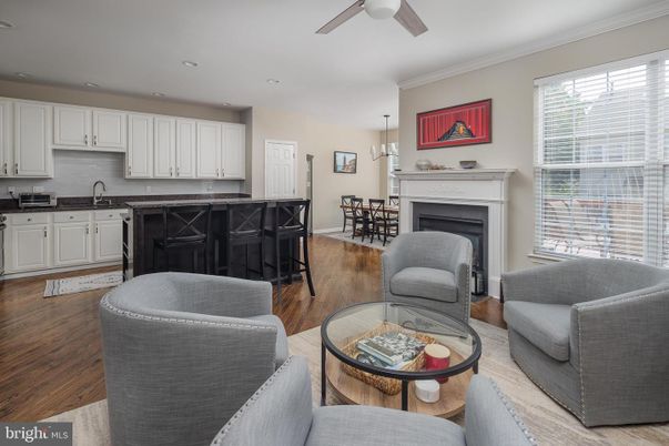 Dining room, Fireplace, Interior, Kitchen, Living room, Pendant Lights, Recessed Lighting, Wood Texture Flooring