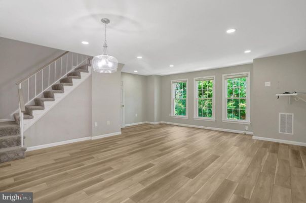 Empty room, Interior, Pendant Lights, Recessed Lighting, Wood Texture Flooring