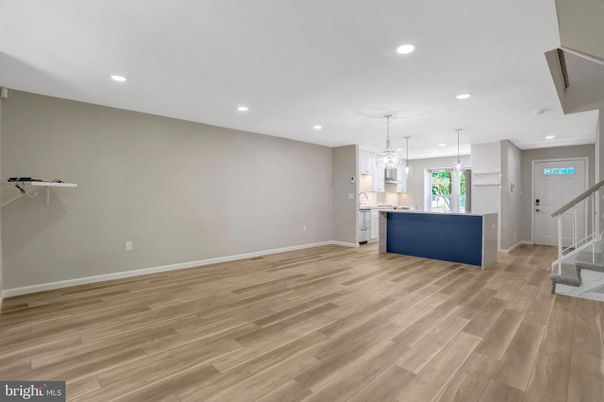 Empty room, Interior, Kitchen, Pendant Lights, Recessed Lighting, Wood Texture Flooring