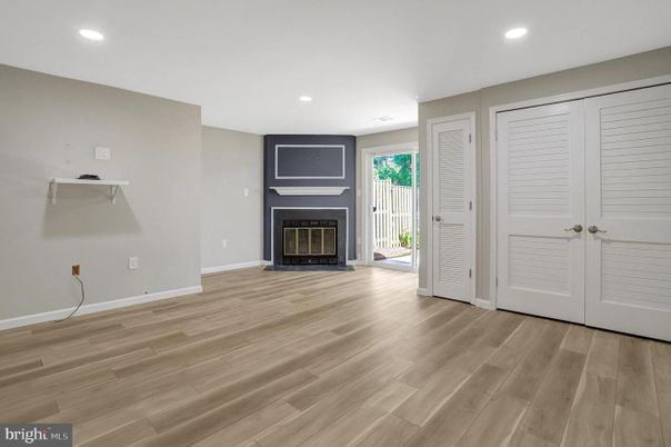 Empty room, Fireplace, Interior, Recessed Lighting, Wood Texture Flooring