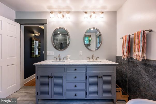 Bathroom, Dual Sink Vanities, Interior, Wood Texture Flooring