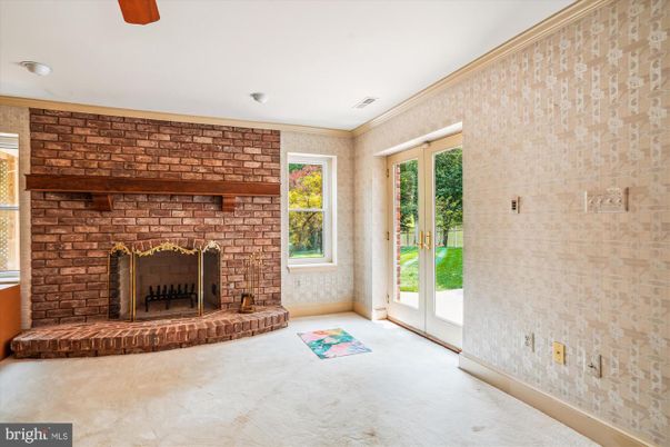 Empty room, Fireplace, Interior, Recessed Lighting, Stone Walls