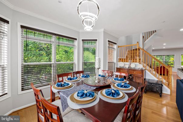 Dining room, Interior, Pendant Lights, Recessed Lighting, Wood Texture Flooring