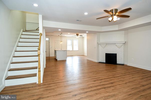 Empty room, Fireplace, Interior, Pendant Lights, Recessed Lighting, Wood Texture Flooring