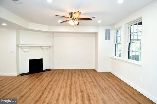 Empty room, Fireplace, Interior, Recessed Lighting, Wood Texture Flooring