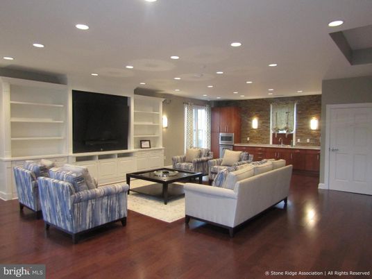 Interior, Kitchen, Living room, Recessed Lighting, Stone Walls, Wood Texture Flooring