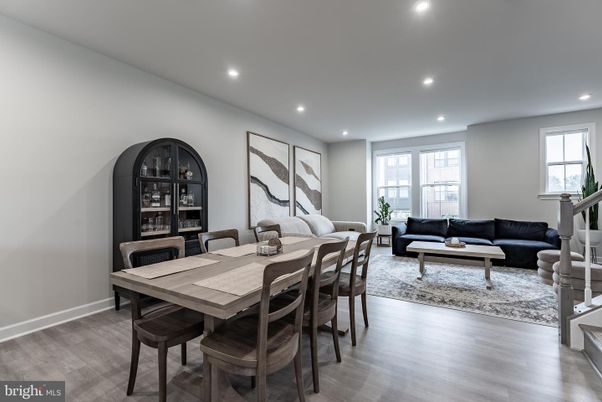 Dining room, Interior, Living room, Recessed Lighting, Wood Texture Flooring