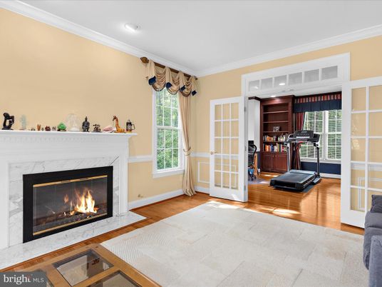 Fireplace, Fitness Equipment, Interior, Living room, Recessed Lighting, Wood Texture Flooring