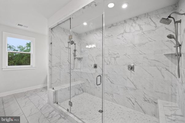 Bathroom, Glass Shower, Interior, Marble, Marble Walls, Recessed Lighting