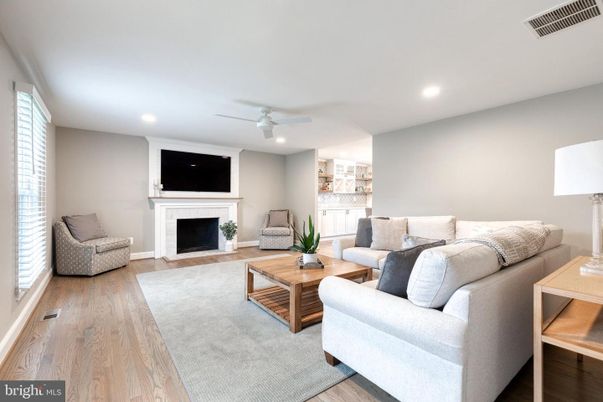 Fireplace, Interior, Living room, Recessed Lighting, Wood Texture Flooring
