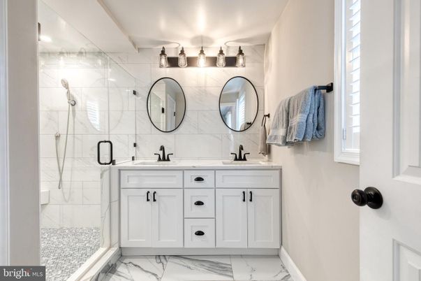 Bathroom, Dual Sink Vanities, Glass Shower, Interior, Marble, Marble Walls