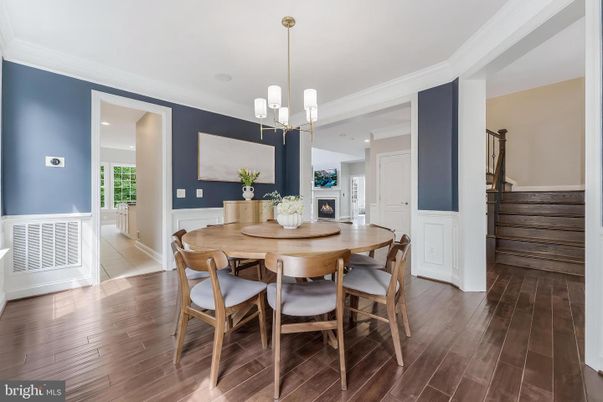 Dining room, Fireplace, Interior, Pendant Lights, Recessed Lighting, Wood Texture Flooring