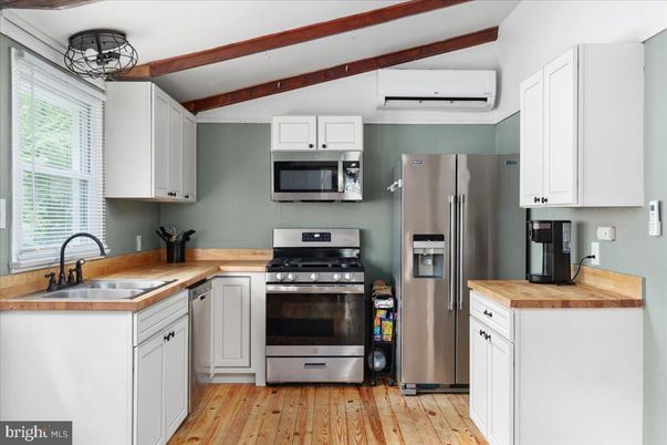 Interior, Kitchen, Stainless Steel Appliances, Wooden Beams, Wood Texture Flooring