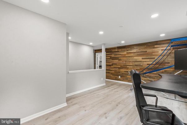 Home Office, Interior, Recessed Lighting, Wood Texture Flooring, Wooden Walls