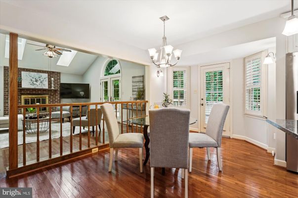 Chandelier, Dining room, Interior, Stone Walls, Wood Texture Flooring