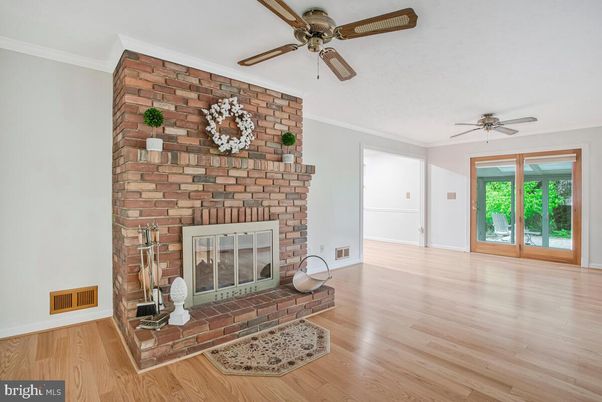 Empty room, Fireplace, Interior, Stone Walls, Wood Texture Flooring