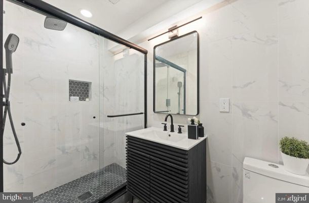Bathroom, Glass Shower, Interior, Marble Walls, Recessed Lighting