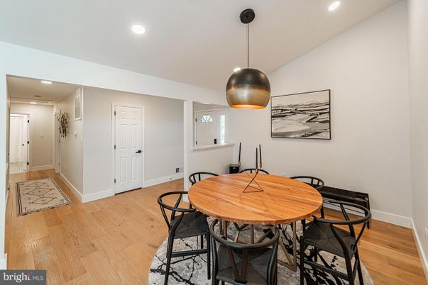 Dining room, Interior, Pendant Lights, Recessed Lighting, Wood Texture Flooring