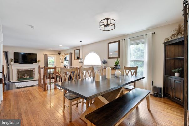 Dining room, Fireplace, Interior, Kitchen, Pendant Lights, Recessed Lighting, Wood Texture Flooring