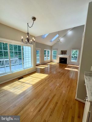 Chandelier, Empty room, Fireplace, Interior, Wood Texture Flooring