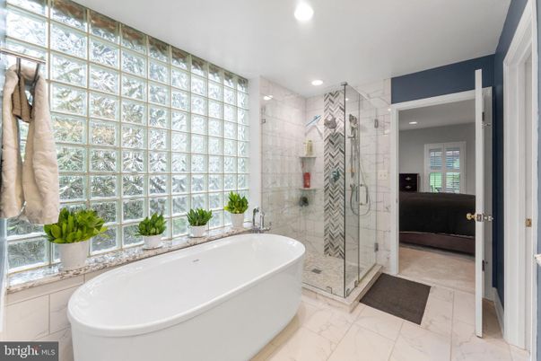 Bathroom, Free Standing Baths, Glass Shower, Interior, Marble, Recessed Lighting