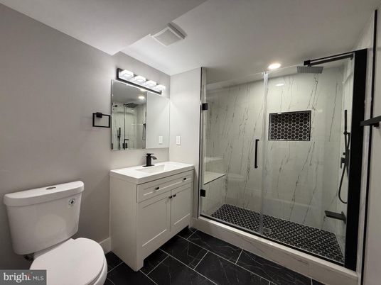 Bathroom, Glass Shower, Interior, Marble Walls, Recessed Lighting