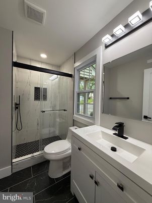 Bathroom, Glass Shower, Interior, Marble, Marble Walls, Recessed Lighting