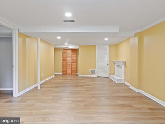 Empty room, Fireplace, Interior, Recessed Lighting, Wood Texture Flooring