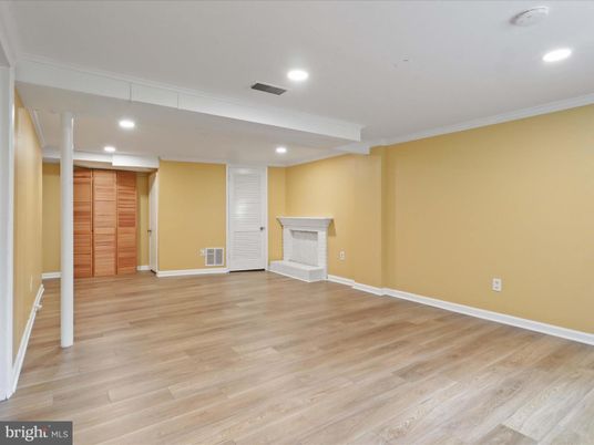 Empty room, Fireplace, Interior, Recessed Lighting, Wood Texture Flooring